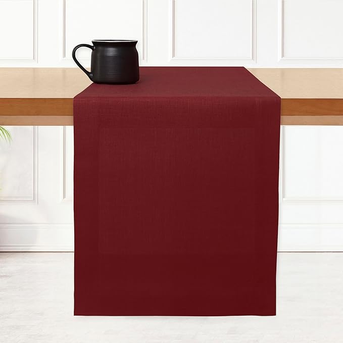 D'Moksha Homes Linen Table Runner 36 Inches - 100% Pure Linen Dark Red Small Table Runner 14 x 36 Inch for Dresser, Coffee Tables, Valentines, Spring - Machine Washable