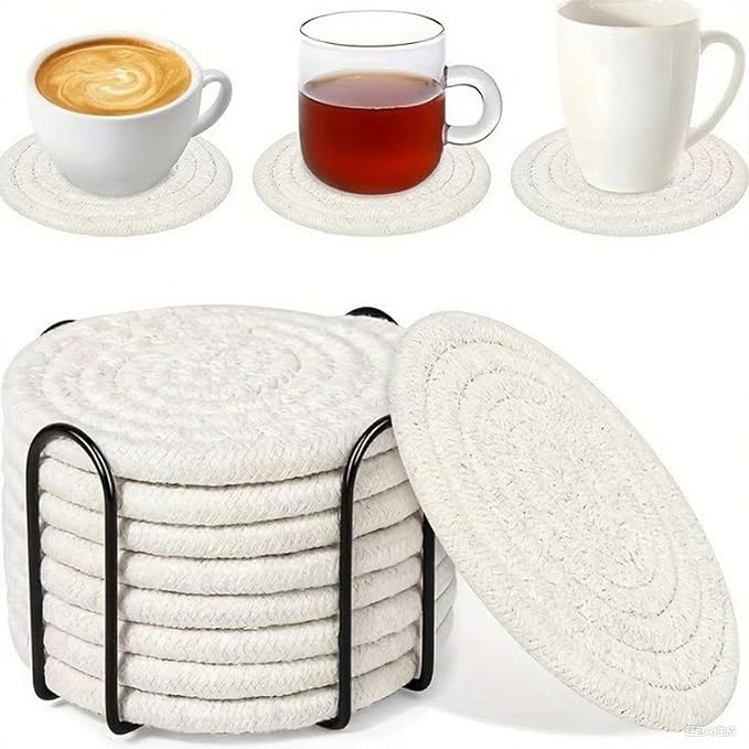 8 Pcs Drink Coasters with Holder, Handwoven Cotton Coasters Set Stackable Absorbent Minimalist Home Decor for Table, Cup, Mug (White)