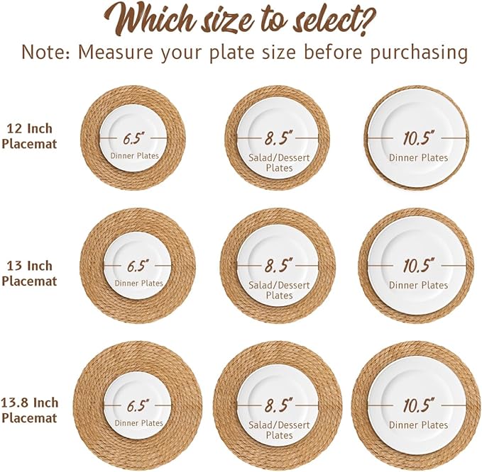 13 in Round Woven Placemats Set of 4 Chargers for Dinner Plates Farmhouse Rustic Boho Table Mats for Dining Table Decor Wicker Straw Braided Place Mats