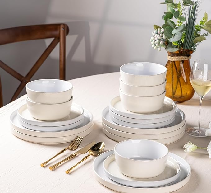 AmorArc Ceramic Dinnerware Set | Stoneware Plates and Bowls | Scratch Resistant,Dishwasher & Microwave Safe Dishes Sets-cream