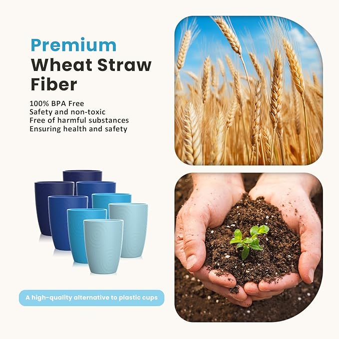 Homienly Wheat Straw Cups Set of 8, 12oz Drinking Cups, Plastic Cups Reusable Dishwasher Safe, Water Cup Set for Juice, Milk, Coffee - Ocean