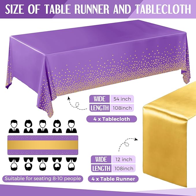 Breling 8 Pack Purple and Gold Disposable Plastic Tablecloths and Satin Table Runner Set, 54 x 108 Inch Tablecloth, 12 x 108 Inch Table Runners for Wedding Graduation Birthday Baby Shower New Year