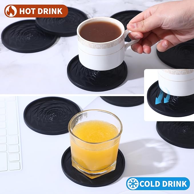 Silicone Coasters Set of 6 with Holder, Unique Rose Petal Design, Drink Coasters for Table Protection, Cup Mat for Hot-Cold Beverages, Modern Non-Slip, Non-Stick Design, Ideal Gift(6 Pack, Black)
