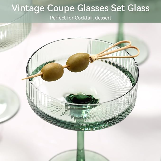 Green 9 oz Vintage Art Deco Coupe Glasses Set of 6 Ribbed martini Glasses |Vintage Cocktail Glasses Set,Unique Colored Coupe Glass, Classic Cocktail Glassware