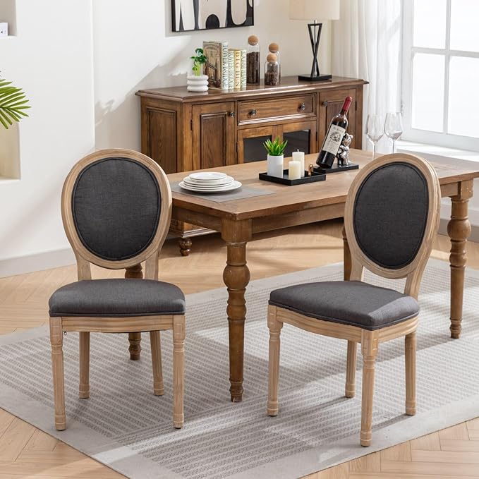 Ball & Cast French Vintage Upholstered Dining Chairs Set of 2, Farmhouse Antique Painting Wooden Kitchen Side-Chairs with Carved Solid Wood Frame, 2-Piece Curved Backrest Louis Chair, Linen Gray