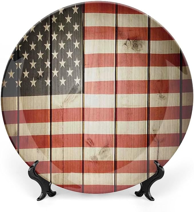 Decorative Plates, American Flag Decor Print Ornament, USA Flag Over Vertical Striped Wooden Board, 7 Inch, 1 Plate with 1 Display Stand, Blue Red