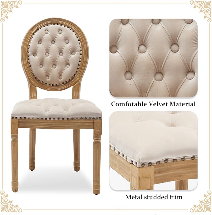 SoarFlash French Velvet Dining Chairs Set of 4, Vantage Dining Chair with Round Back, Wood Leg Farmhouse Country Dining Chair for Kitchen,Bedroom,Beige