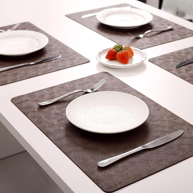 Vinyl Placemats Set of 6 Heat Resistant Easy Clean Non-Slip Place Mats for Dining Table Faux Leather Waterproof Stain Resistant Wipeable Washable PVC Table Mats(6, Brown)