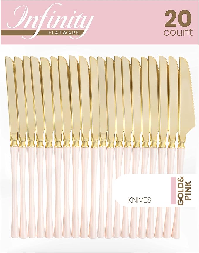 PLASTICPRO 20 Count Gold and Pink Plastic Knives Premium Quality Heavy Duty Disposable Elegant Silverware Two Tone Knives for Party