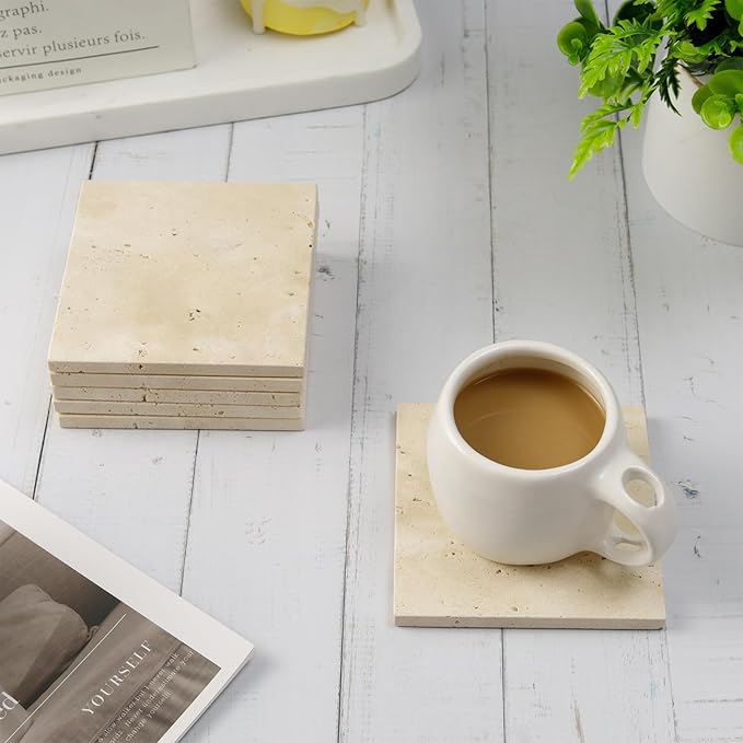 Square Travertine Coasters Set of 6, Porous Natural Stone Absorbent Coaster with Velvet Backing for Table Protection, Rustic Beige Marble Coasters for Home Table Decor, 4 Inches