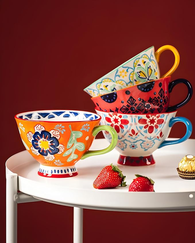 25oz Ceramic Soup Bowl with Handle – Handcrafted Floral Pottery Cereal & Ramen Bowl – Large Microwave & Dishwasher Safe Decorative Bowl for Everyday Use or Gift (Crimson Frost, 17oz)