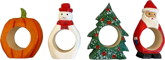 Set of 4 Hand-Carved Wooden Holiday Napkin Rings – Christmas Tree, Santa, Pumpkin, Snowman Design