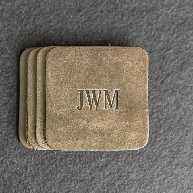 Ox & Pine Personalized Leather Coaster - Sold Individually or in Sets of 4 - Customize Inscription - 100% Full-Grain Leather – 4" Round or 4" Square (Square, Harvest, Set of 4 Coasters)
