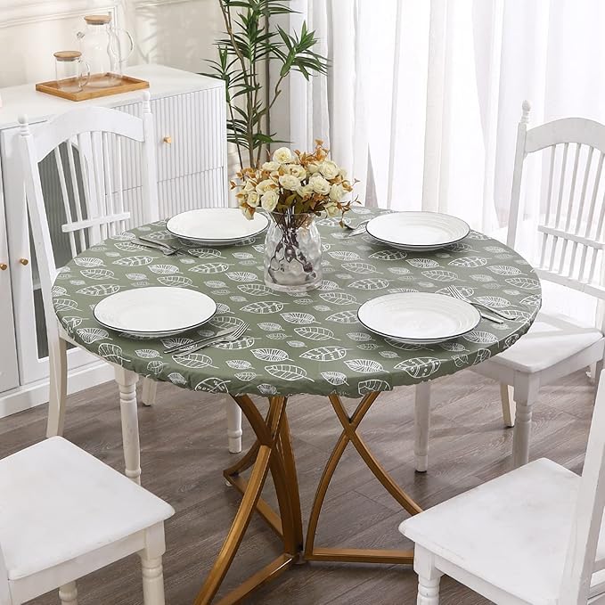Walrus Round Vinyl Fitted Tablecloth with Flannel Backing Elastic Edge Design Table Cover Waterproof Oil-Proof PVC Table Cloth Stain-Resistant Best for 37"-44" Round