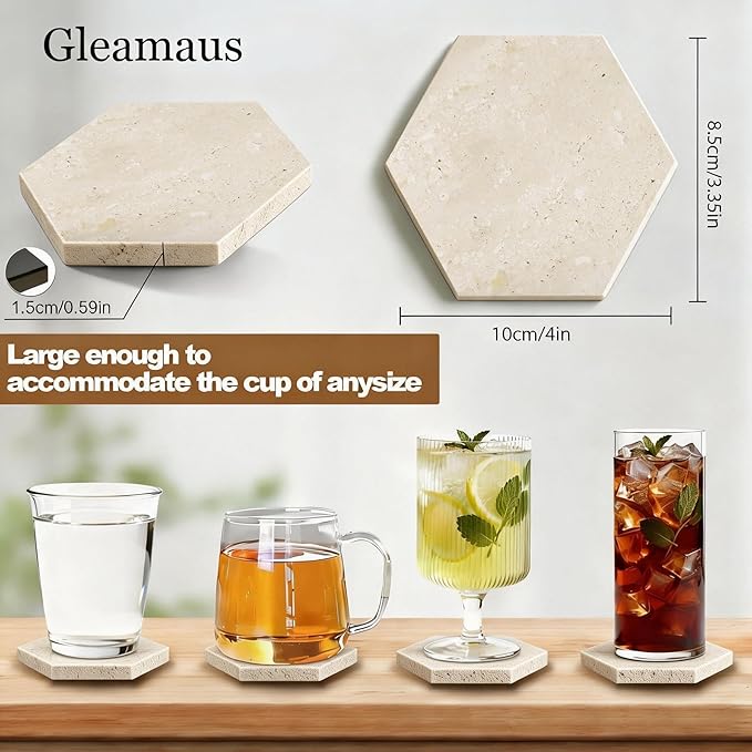Natural Marble Coasters, Hexagonal Costers, Luxury Aesthetic Modern Decor for Coffee Table Bar Kitchen Home, Travertine Marble, Real Natural Semi Absorbent Stone Coasters