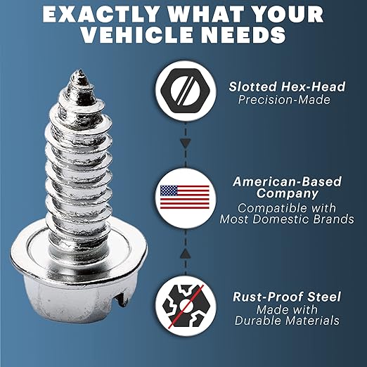 Chrome License Plate Screw Kit - Set of 4 Stainless Steel Fasteners for License Plates, Frames, and Covers on Domestic Cars, Trucks, Vans, SUVs - Rustproof, Self Tapping Mounting Bolts (Chrome Plated)