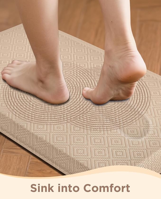 Ophanie Kitchen Mats for Floor, 3/4 Inch Thick Kitchen Rugs, 20''x39'' Anti Fatigue Standing Cushioned Mat, Waterproof,Comfort Ergonomic Mat for Office, Home, Sink, Beige Non-Slip Bottom