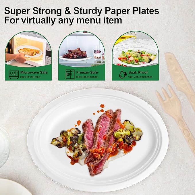 Large Oval Paper Plates 12 Inch, 100 Pack Heavy Duty Eco Friendly Disposable Plates, White Paper Plates Sturdy Strong for Party BBQ Picnic