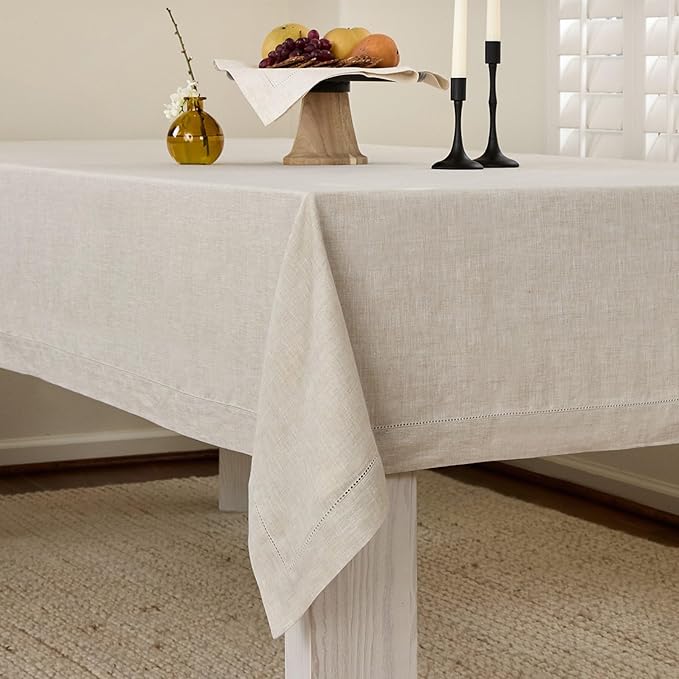 Solino Home Linen Light Natural Tablecloth 60 x 144 Inch - Classic Hemstitch, 100% Pure Linen Rectangular Tablecloth - Machine Washable Table Cloth for Spring, Easter