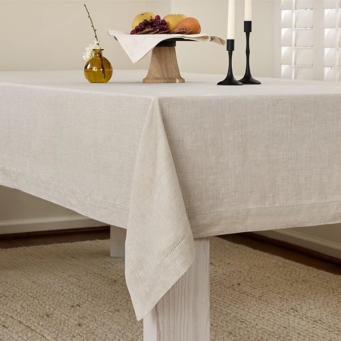 Solino Home Linen Light Natural Tablecloth 60 x 90 Inch - Classic Hemstitch, 100% Pure Linen Rectangular Tablecloth - Machine Washable Table Cloth for Spring, Easter