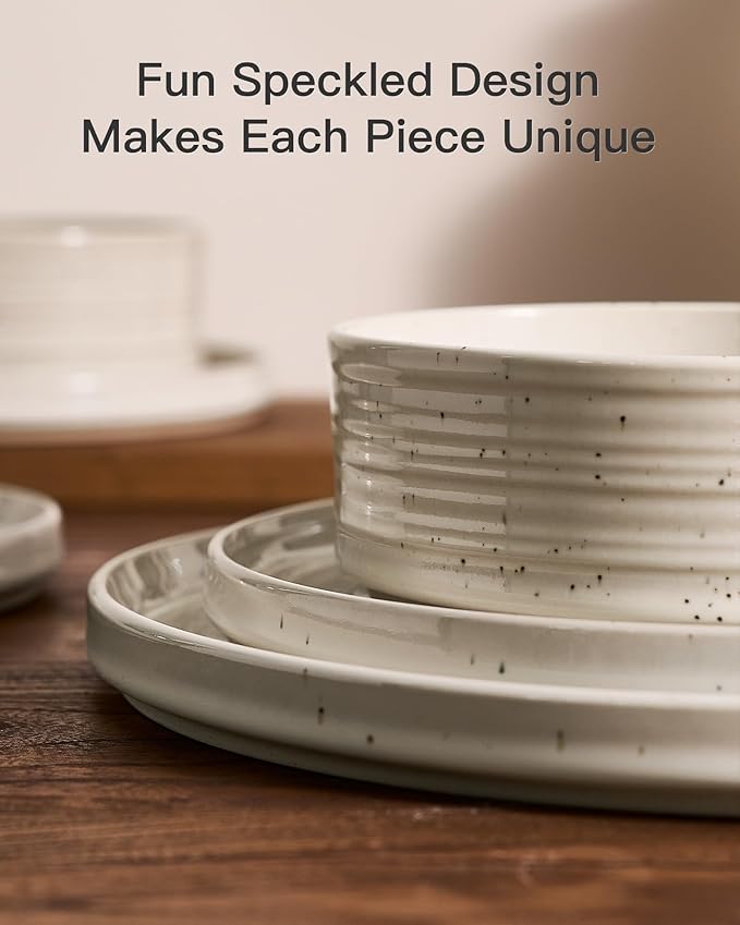 Stoneware Dinnerware Sets, Plate and Bowl Sets for 4, 12 Pieces Spiral Straight Dishware with Speckles and Reactive Glaze, Microwave Dishwasher Safe Family Tableware, Shell Beige