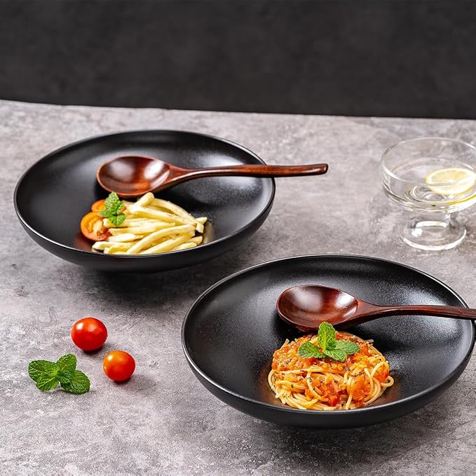 Ceramic Serving Bowls with Wooden Spoons Set of 2, Large Serving Bowl for Dinner Salad Soup Pasta Dessert Fish Fruit Chicken Bread, Oven Dishwasher Safe, 50oz Bowl for Entertaining, 9.75" Pure Black