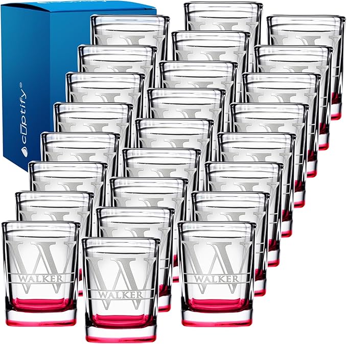 Personalized Square Shot Glasses Set of 25 Red Bottom 2oz Engraved Initial and Name Custom Gifts, Weddings, Birthdays, Party, Event, Decorations