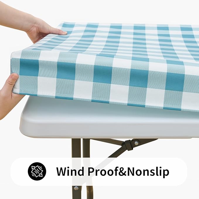 Smiry Rectangle Picnic Table Cloth, Elastic Waterproof Fitted Vinyl Tablecloths, Flannel Backed Buffalo Plaid Table Covers for Dining, Camping, Outdoor (White and Aqua, 36" x 60")
