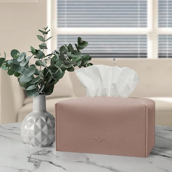 Carrotez Tissue Box Cover, [Refined] Modern PU Leather Rectangular Tissue Box Holder - Decorative Holder/Organizer for Bathroom Vanity Countertop, Night Stands, Office Desk 9.5"X5"X5" - Rose Pink