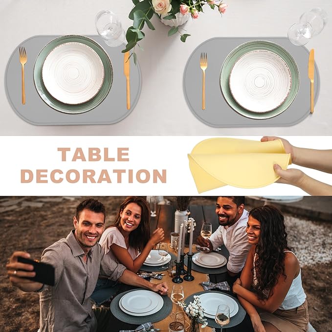 uxcell 4 Pcs Oval Silicone Placemat, 15.4" x 10.4" Non-Slip Washable Table Placemats Heat Resistant Waterproof Mat with High Edge for Table Kitchen Desk Protection, Yellow