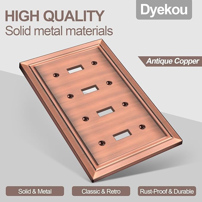 Metal Wall Plate for Electrical Outlets, Decorative Antique Copper Switch Plates Outlet Cover, Light Switch Cover Plate, 4-Gang Wall Plates (Quad Toggle, 1 Pack)