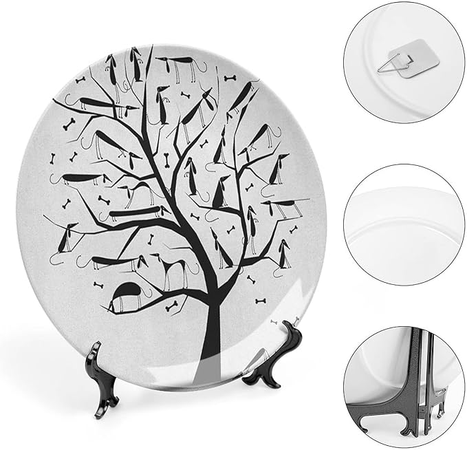 Decorative Plates, Abstract Print Ornament, Monochrome Autumn Season Tree with Dog on The Branches, 10 Inch, 1 Plate with 1 Display Stand, Black and White