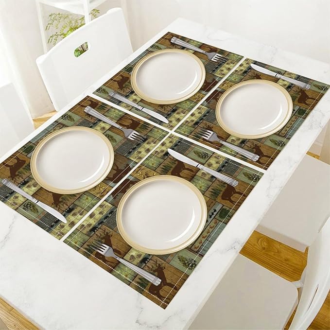 Rustic Bear Deer Placemats Wildlife Moose Forest Animal Cabin Lodge Lake Pine Heat-Resistant Linen Table Place Mats for Dining Kitchen Country Camp Style Farmhouse Decor 12x18 in 6 PCS