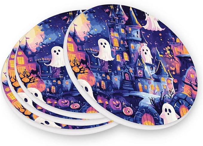 Coasters for Drinks Coaster Drink Set Decorative Coffee Table Desk Cup Mat Spring Cute Cork Bar Backing Round Home Decor Cartoon Halloween Bat Castle Ghost Pumpkin44