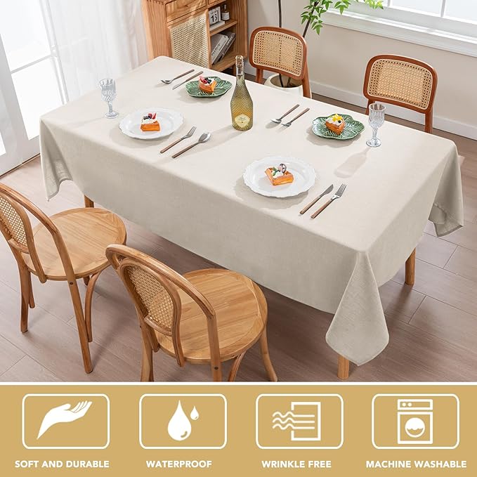 H.VERSAILTEX Linen Table Cloths Square 60 x 60 Inch Premium Tablecloth Spill-Proof Waterproof Table Cover for Dining Buffet Feature Extra Soft and Thick Fabric Wrinkle Free, Natural