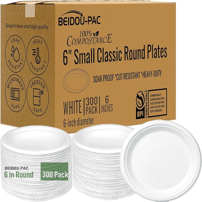 Small Compostable Heavy Duty Disposable Paper Plates, 300 Count | 6 Inch Round | Natural Bagasse, White Biodegradable Eco-Friendly Sugarcane Sandwich, Cake, Snack Dessert Tray