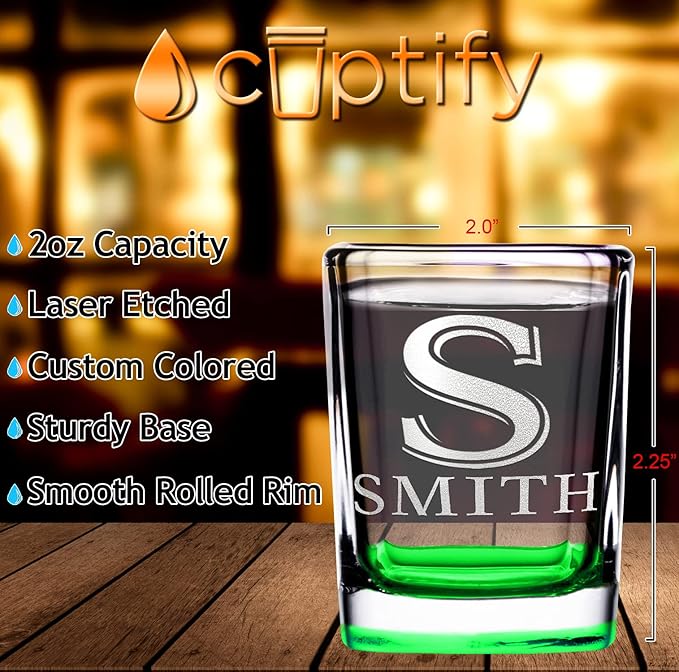 Personalized Glasses Set of 2 Initial and Name 2oz Green Bottom Etched Square Shot Glass Engraved with Custom Text Birthday Gift for Men and Women