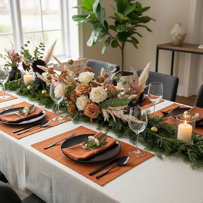 D'Moksha Homes Linen Rust Placemats Set of 8-100% Pure Linen Placemats 14 x 19 Inch for Spring, Easter - Handcrafted and Machine Washable