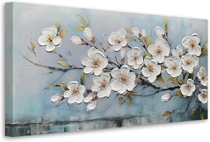 Anolyfi White Textured Flowers Wall Art for Living Room Canvas Wall Decor, Modern Elegant Landscape Wall Art for Dining Room Hallway Office Home 58"x29"