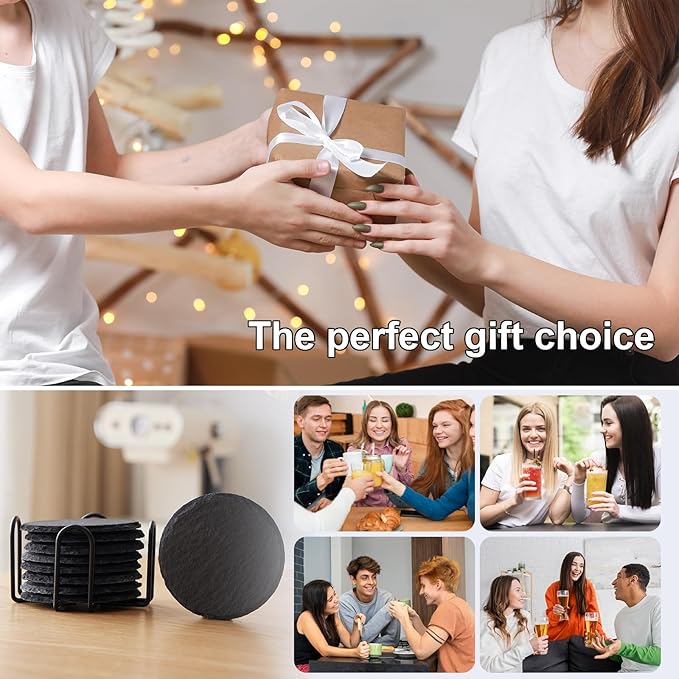 16 Pack Stone Coaster Set with Metal Stand 4-inch Round Laser-Engraved Black Stone Coasters with Protective Pads on The Bottom Ideal for Home,bar, and Gift Occasions (Weddings, housewarmings)