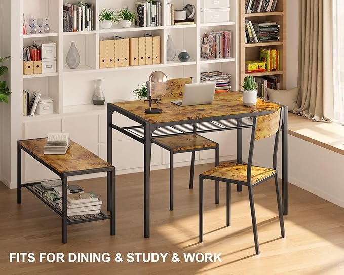 Gizoon Kitchen Table and 2 Chairs for 4 with Bench, 4 Piece Dining Table Set for Small Space, Apartment (Rustic Brown)