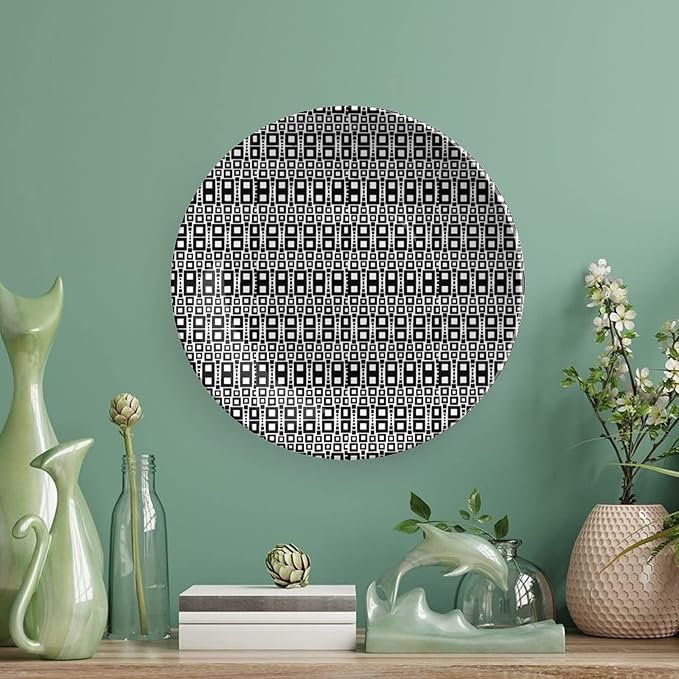Ceramic Plates, Abstract Decorative Ceramic Plates, Monochrome Squares of Motif Grid Design Geometric, 8 Inch, for Dining, Parties, Wedding, Black White