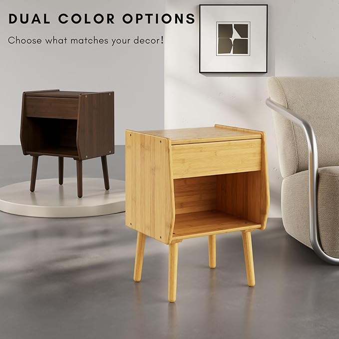 ZIYOO Nightstand with Drawer Open Shelf, Mid Century Modern Bedside Table, Small End Table for Living Room&Small Spaces, Bedroom, Natural Bamboo