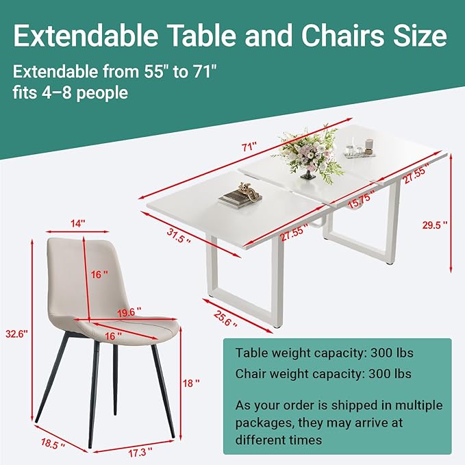 Extendable Dining Table Set for 8, 55"–71" Modern White Kitchen Table with 8 Upholstered Chairs, Space-Saving for Living Room Apartment, Sturdy & Comfortable, Easy Assembly