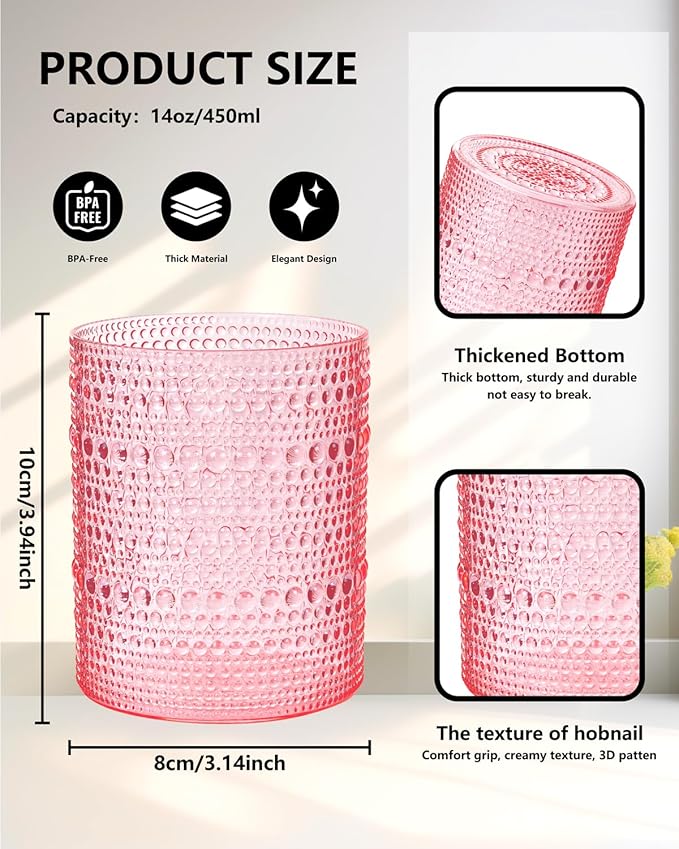 YOUBET 24PCS Plastic Drinking Glasses - 14OZ Pink Hobnail Drinkware Glasses - Vintage Glassware Textured Beaded Cups for Water, Beer, Whiskey, Juice and Various Mixed Drinks Valentines Day
