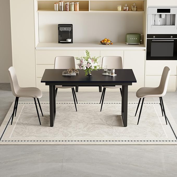 Extendable Dining Table Set for 4, 55"–71" Modern Black Kitchen Table with 4 Upholstered Chairs, Space-Saving for Living Room Apartment, Sturdy & Comfortable, Easy Assembly