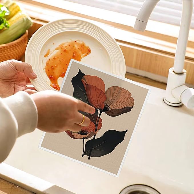 Swedish Dishcloths for Kitchen, Floral Botanical Swedish DishCloths, Papaya Reusable Paper Towels Washable, 4 Pcs Dish Towels for Kitchen Party Home Housewarming Cleaning Cloths