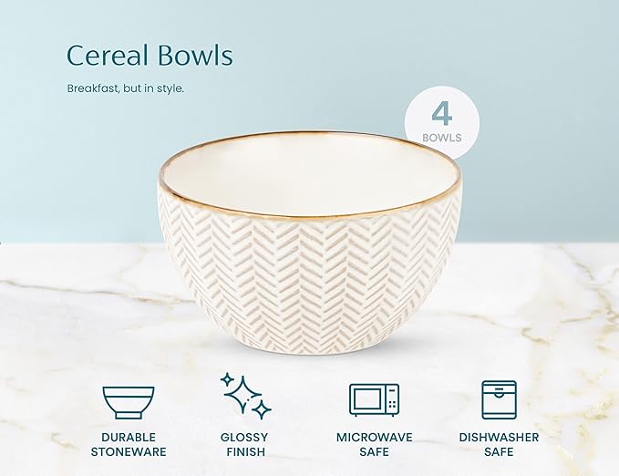 KooK Soup Bowls, Embossed, Ceramic Bowl, for Soup, Cereal and Poke, Microwave & Dishwasher Safe, Cream with Dark Copper Accents, Set of 4, 26 oz, Narbonne Collection