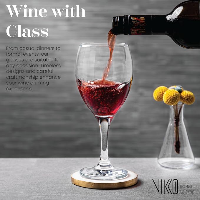 Vikko Wine Glasses, 15 Ounce Wine Glass, Set of 6 Stemmed Glasses for Red and White Wine, Thick and Durable Wine Glasses, Dishwasher Safe, Great Wedding, Holiday, Housewarming Gift