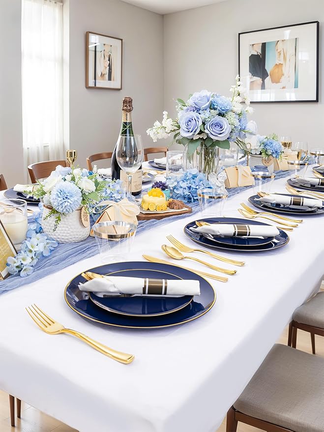 WDF 150pcs Blue plastic Plates - Navy Blue Plates Disposable - 25guest Disposable Dinnerware Sets for Hanukkah/Party/Wedding/Birthday